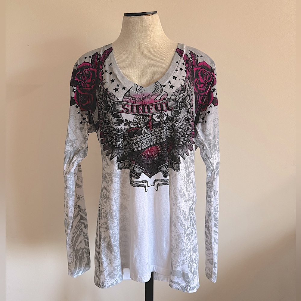 SINFUL BY AFFLICTION Y2K 00s Tattoo Grey Long Sleeve Shirt XL NWOT